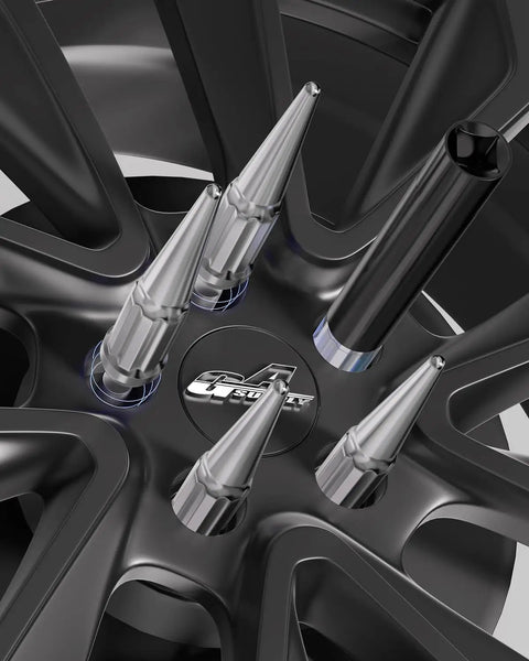 Badass 7 Spline Lug Nut Socket Key Replacement Tool fits 7 Point Tuner Locking Spiked Lug Nuts on black custom wheels.