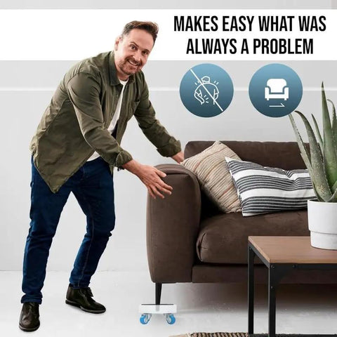 Man using No Sweat Furniture Sliders With Wheels And 360 Swivel Dolly For Moving Couches And Appliances Heavy Duty Rollers under a sofa.