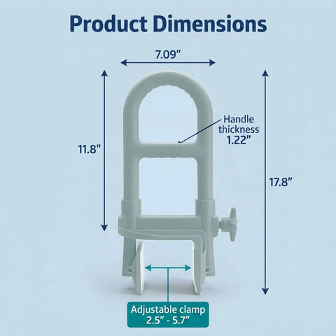 Product dimensions image of Heavy Duty Clamp On Bathtub Grab Bar Featuring Snap Fit Solid Steel Mounting Design.