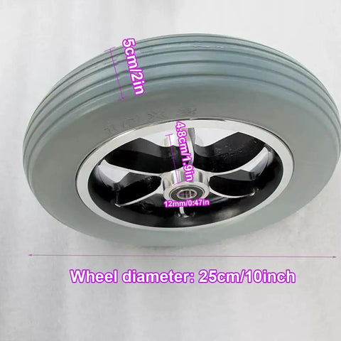 Plug And Play 10 Inch Solid Rubber Tires For Electric Wheelchairs With Aluminum Hubs And Grippy Tread That Rolls Smooth For Heavy Duty Mobility Scooters And Hospital Stretcher Two Pack Gray viewed from above showing dimensions.