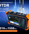 Rock Solid OTDR Optical Fiber Tester Featuring No Fuss Quick Setup And Hella Precise 1310Nm 1550Nm Wavelength Measurement For Pro Level Fiber Network Diagnostics And Dead Simple Cable Fault Location Testing on a display.