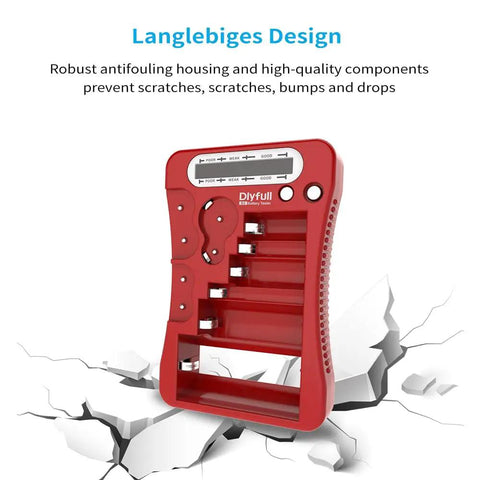 Red Universal Battery Tester With LCD Display on cracked surface, showing wide compatibility for multiple battery types