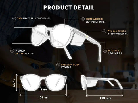 Detailed view of Heavy Duty Z87 Plus Safety Reading Specs With UV400 Side Shields And Impact Resistant Lenses showing dimensions and features.