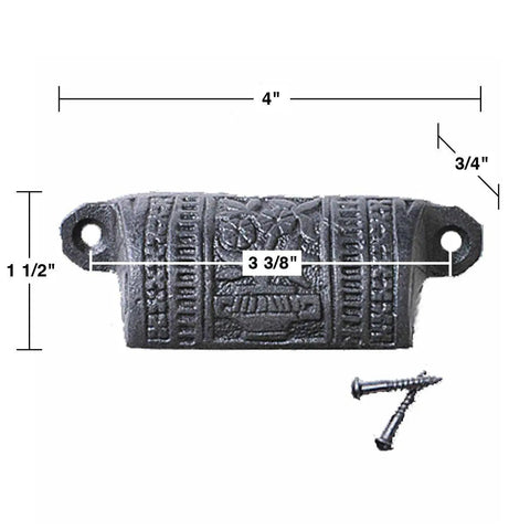 Quick Upgrade Tough As Nails Black Wrought Iron Cup Pull Handles Four Inch Size with screws for cabinet installations.