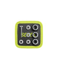 Magnetic Tool Mat With Eight Strong Magnets To Keep Tools, Bolts, Nuts, And Small Parts In Reach During Car Repairs, Auto Shop Work, Or DIY Projects For Grease Monkey Pros Everywhere. black square magnetic tool mat with green trim holding bolts, washer, and screw