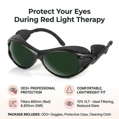 Straight Up Rock Solid Red Light Therapy Glasses And Eye Protection Goggles For 660nm 850nm Nir Block Harsh Glare With Heavy Duty Od3 Plus Lens, black goggles with green lenses.