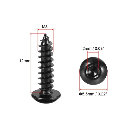M3x12mm Hex Socket Self Tapping Screws Carbon Steel Wood And Sheet Metal Fasteners 200 Piece Pack close-up of screw dimensions
