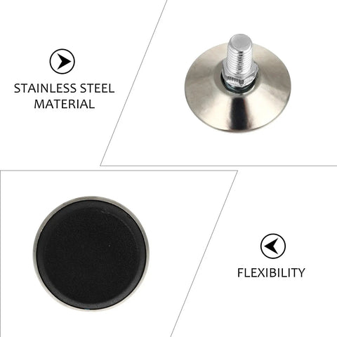 Close-up of Ten Pack M8 Threaded Adjustable Swivel Leveling Feet For Tables Chairs Cabinets And More Heavy Duty Furniture, stainless steel top view and bottom flexibility feature
