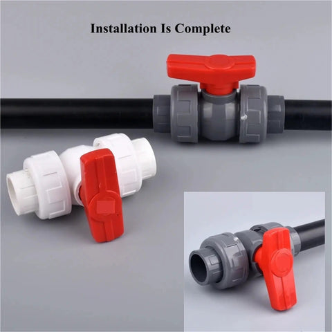 Hose Quick Connect Kit 15 Piece Set With Grey Connector And Double Union Red Valve, installed on black hose
