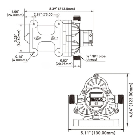 Technical diagram of 115V AC Heavy-Duty Water Pressure Pump 3.3 GPM at 45 PSI, showing dimensions and pipe threading details.