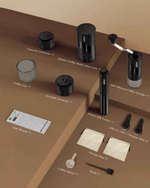 All In One Portable Coffee Maker Set With Mini Electric Espresso Machine, Manual Grinder And Electric Milk Frother For Camping