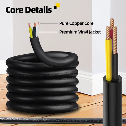 Heavy Duty 15 Ft Extension Cord Built Damn Tough With 3 Prong Grounded Plug 16 AWG Weather Resistant Outdoor Power Cable For Shop Tools And Gear Flame Retardant Flexible Black showing pure copper core and vinyl jacket.