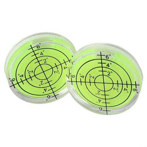 Bubble Level for Precision Measuring and Layout Tasks, two circular acrylic levels with green liquid and accurate degree markings.