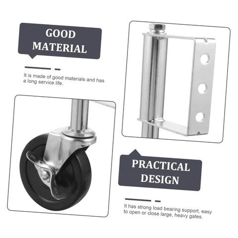 Close-up of Heavy Duty Spring Loaded Gate Caster Wheels Set Featuring Rust Resistant Black Steel Build and Rock Solid Load Capacity for Hassle Free Swinging on Big Outdoor Property Gates.