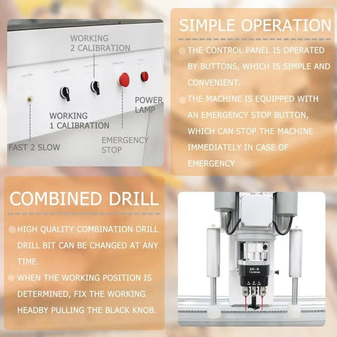 Control panel of Double Station Pneumatic Hinge Boring Machine for Woodworking 48-6, featuring emergency stop and calibration options.