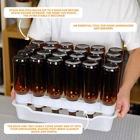 Top Shelf Bottle Drying Rack And Tray Bundle For Homebrewers Holds Sixty Vessels stackable drying rack with amber bottles in white tray.