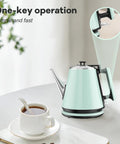 Mint green 0.9L Electric Kettle With 304 Stainless Steel Interior, 1000W Fast Boil In 4 To 6 Minutes, on white table