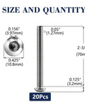 Rock Solid 1/4-20 X 2-3/4 Inch Button Head Socket Cap Bolts, 20 Pack with size details and measurements.