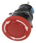 Red 16mm Emergency Stop Push Button Switch 5 Pack AS6Y Momentary Round Button With Screw Clamp Terminals, side angle view