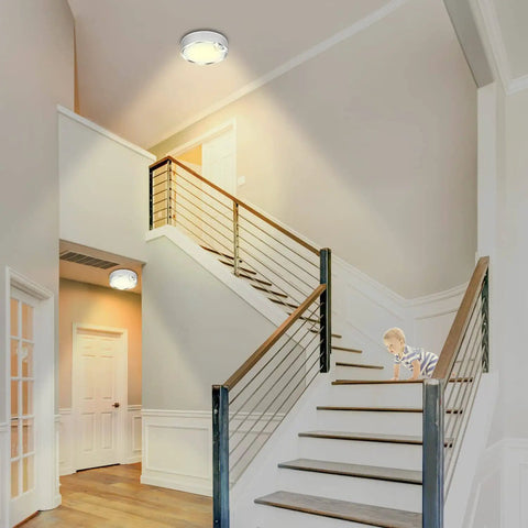 Motion Sensor Light Indoor Battery Powered 80 LED Wireless Ceiling Light For Closet Pantry Hallway Shower Stairs Garage Basement Bathroom Wall Mount 400LM Soft White Daylight Night Mode Easy Install installed on staircase ceiling