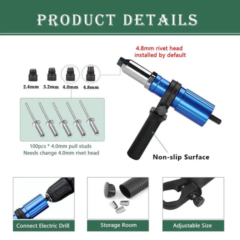 Heavy Duty Rivet Gun Adapter Kit For Cordless Drill With Removable Handle And 100 Piece 4.0 mm Pop Rivet Set Blue, showing adjustable heads.
