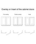 Overlay or insert cabinet door options showing full overlay, partial overlay, and inset designs as visual guides.