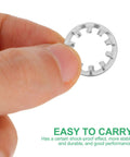 Close-up of stainless steel internal tooth lock washer held by fingers, showcasing serrated star shape design for rugged worksite applications.