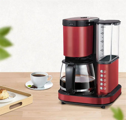 Automatic Bean Grinding Espresso Machine With Glass Carafe, Compact Red Coffee Maker For Home Or Office Use, 800W Power