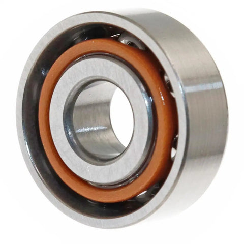 Top Shelf Precision Angular Contact Ball Bearing Single Row Metric Abec Five Grade featuring rubber seal and polished steel finish.