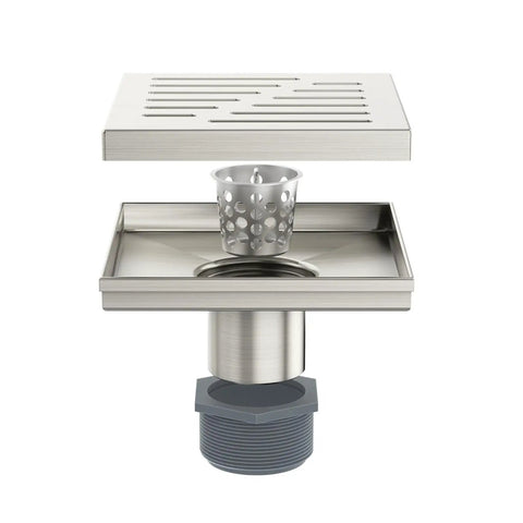 6 Inch Square Shower Drain With Brushed Nickel Surface Premium 304 Stainless Steel Build features removable hair catcher.