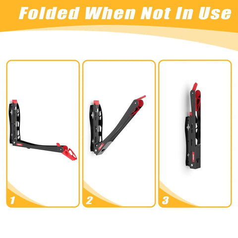 No Sweat Swivel Wall Mount Bicycle Rack With Rock Solid U Shaped Wheel Cradle Hanger folded against the wall for easy storage.