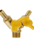 Heavy Duty Brass Y Type Gas Ball Valve With Solid Three Way Build And Dual Quick Hook Up Port Fittings For Dead Shut Off Seal Dependable Pipe Heater Regulation And Easy Twist Operation Daily, showcasing yellow handles.
