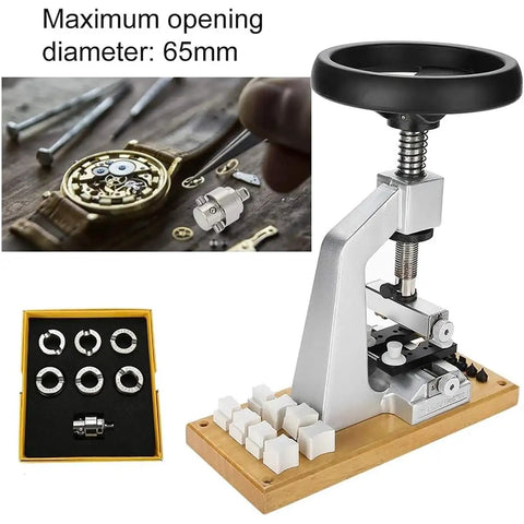 Top Tier Premium Watch Case Opener Tool Set Hella Tough Bench Press Vice and Reliable Back Cover Wrench Killer for Rapid Wristwatch Maintenance showing tool kit with parts.