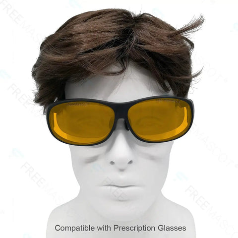 Pro-Grade Blue Laser Safety Shades Delivering Savage OD 6 Plus Shielding Against 405Nm 445Nm 450Nm 473Nm Diodes And Broad Spectrum Ultraviolet Light Rated EN207 Certified Eye Gear worn on a mannequin with dark frame.