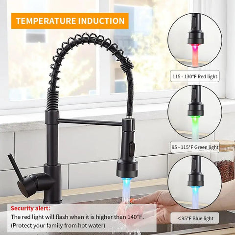Led Light Kitchen Faucet With Pull Down Sprayer In Matte Black showing temperature-indicating LEDs for hot-cold water
