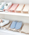 Hella Solid Double Layer Shoe Slot Organizer Rack With Non Slip Grip Base For Sneakers And Everyday Kicks To Keep Your Closets Stacked And Floors Crisp Today, featuring two layers of storage with white sneakers and slippers.