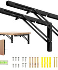 Solid 16 Inch Folding Shelf Brackets 2 Pack Wall Mounted Space Saving Desk Supports Heavy Duty Steel with wood tabletop and screws