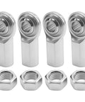 Rock Solid 4 Pack 1/2 20 Thread Rod End Bearing Heim Joints With Corrosion Resistant Jam Nuts For Hydraulics Industrial Machinery And Automotive Rigs Designed For Heavy Duty Work, featuring shiny silver C1045 steel joints and lock nuts.
