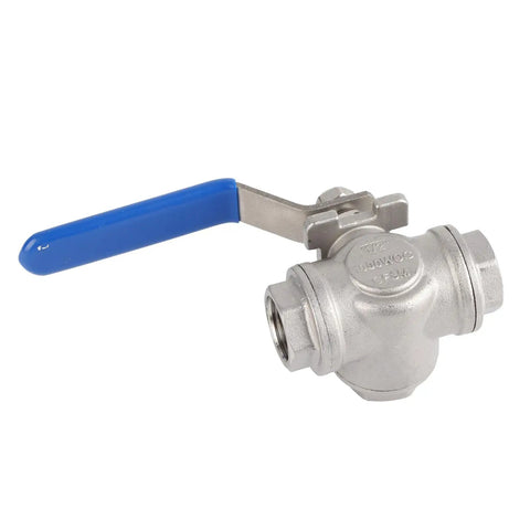 Kickass Heavy Duty One Half Inch 304 Stainless Steel Three Way Ball Valve T Port with blue handle for plumbing use.