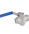 304 Stainless Steel Three Way Ball Valve One Half Inch Female Thread Badass Heavy Duty Industrial Fitting with blue handle.