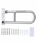 Hella Sturdy 24 Inch Folding Toilet Grab Bar With Rock Solid Anti Slip Surface For Bathroom Accessibility and Safe Shower Assistance Made From Brushed T304 Stainless Steel, including mounting screws.