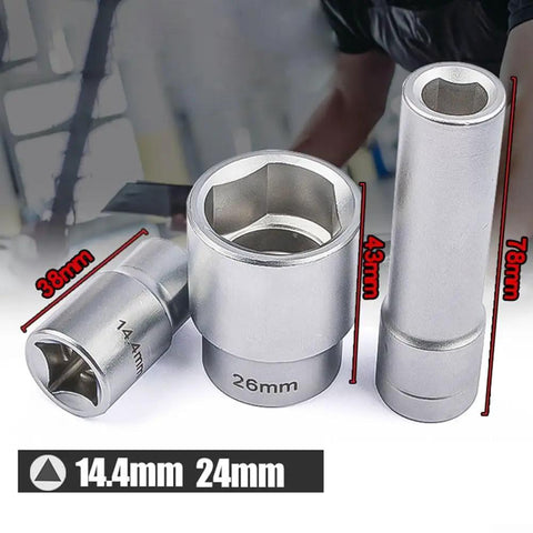 Heavy Duty Half Inch Drive Triangular Socket Set Multi-Toothed For Injection Pump Governor Screws Bearing Remover Diesel Fuel Tool Kit 3 Pcs Gearhead Grade Tough As Nails, showing three sockets with sizes 14.4mm and 24mm.