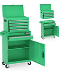 Heavy Duty Rolling Tool Chest With Lockable Swivel Wheels And Easy Pop Off Detachable Top Featuring Five Knockout Drawers Plus Adjustable Shelf in emerald green.