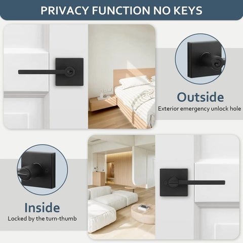 Interior and exterior view of Six Pack Keyed Alike Door Knobs With Lock And Key Matte Black Door Handles For Interior And Exterior Doors Modern Lever Entry Door Lock Set Durable Build Easy Install No Brainer Thumb Turn Privacy Lock with privacy function.