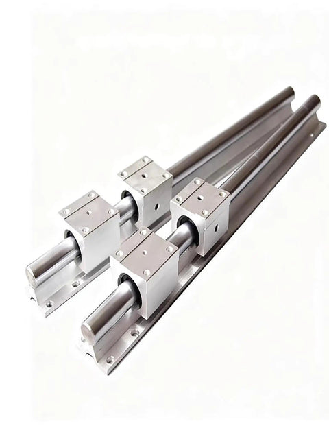 Heavy Duty SBR25 Linear Rail Set Featuring Rock Solid Aluminum Base And Hard Chrome Plated Shafts For CNC Router Upgrades with slide blocks.