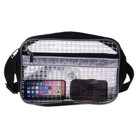 Flat Out Solid Anti Static Clear Pvc Tool Bag And Waist Pouch For Scrapbooking Dies Multi Pocket Storage Lightweight bag displaying a phone and small pouch.