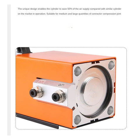 Compact Electric Cold Press Crimping Machine Automatic Terminal Tool Replaceable Jaw Heads showing air cylinder connections and design details.