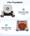 Rugged Small Bench Grinder With A Badass 96W All Copper Motor For Quick Sharpening And Metal Polishing 6000 RPM High Velocity Benchtop Sander features a rectangular base and mounting holes for stability.