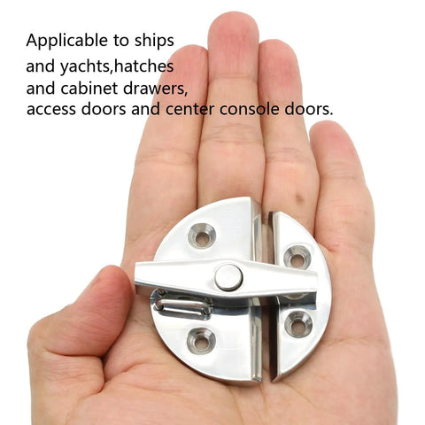 Rock Solid Marine Grade 316 Stainless Steel Boat Hatch Twist Latch And Catch Lock Pair in palm, showing size and design for marine use.
