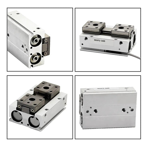 Heavy Duty Low Profile Air Cylinder And Parallel Gripper Compatible With Mhf Series Systems showing smooth rail slide action and solid design.